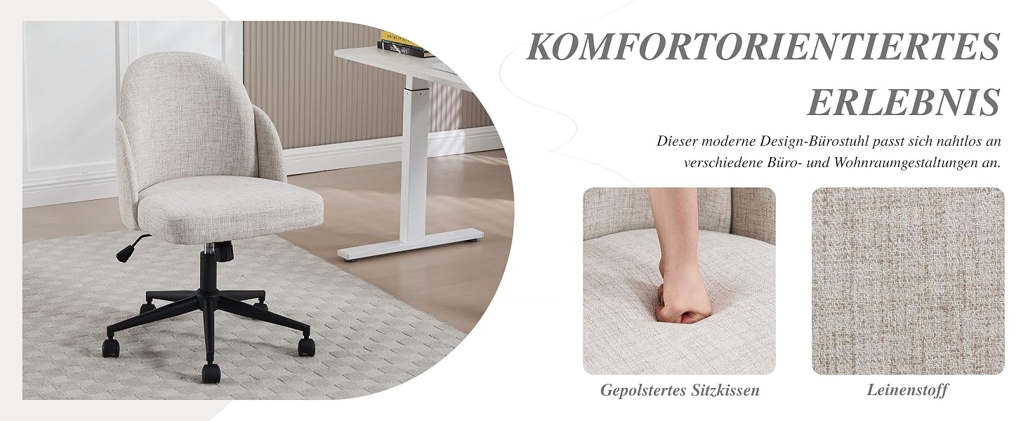 Der Text lautet „KOMFORTORIENTIERTES ERLEBNIS“. Mehrere Bilder zeigen Nahaufnahmen von texturierten Teppichen oder Bodenbelägen mit Bürostuhl.