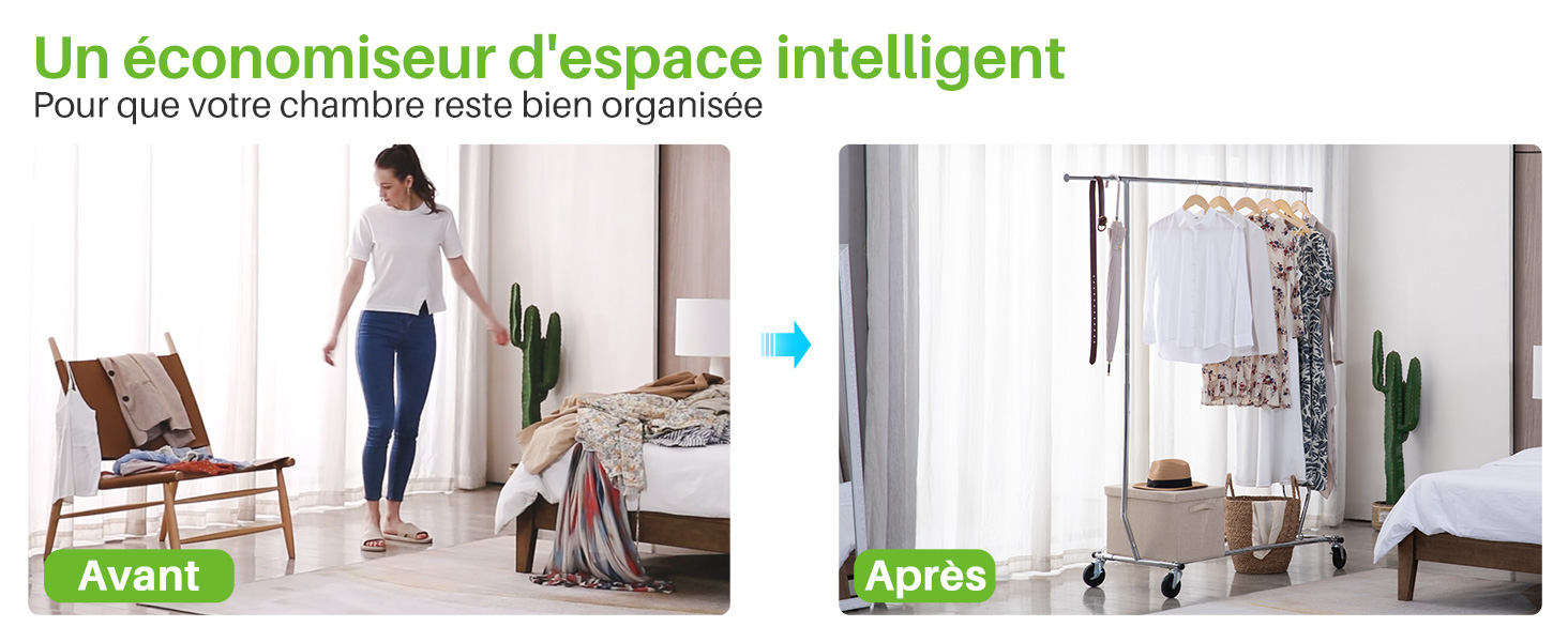 Le texte se lit comme suit : « Un économisateur d'espace intelligent ». Images avant et après montrant la transformation de l'organisation de la pièce à l'aide de meubles et de plantes.