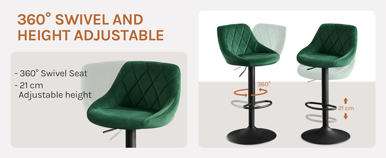 Green velvet bar stools with quilted seats. Features include 360-degree swivel and height-adjustable mechanism. Black circular base. Multiple views show swivel and height adjustment capabilities.