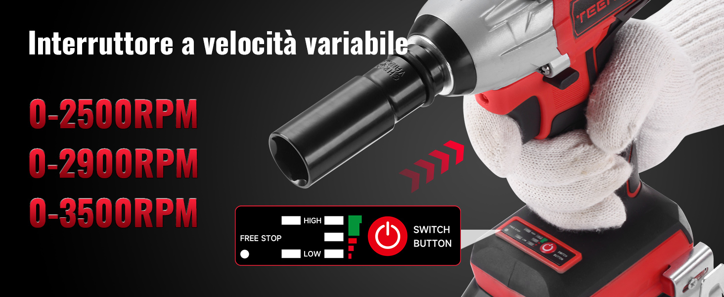 Il testo dice 'Interruttore a velocità variabile' e '0-2600RPM'. Interfaccia tecnica del prodotto che mostra le impostazioni di controllo della velocità.