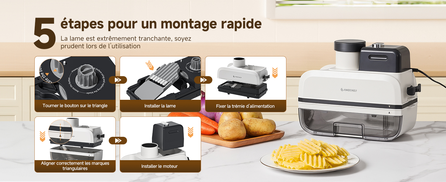 Le texte se lit comme suit : « 5 étapes pour un montage rapide ». Image explicative montrant les étapes d'assemblage d'un grill électrique blanc ou d'une machine à sandwich, avec des exemples de plats cuisinés tels que des frites et des sandwichs.