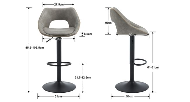 Technical diagram showing chair measurements and dimensions from multiple angles, with detailed specifications and measurements marked.