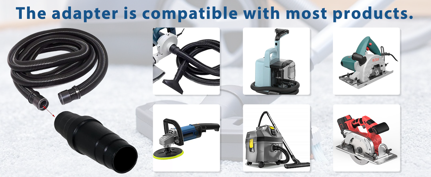 Text reads 'The adapter is compatible with most products.' Multiple product images showing various black cable adapters and connectors in different configurations and angles.
