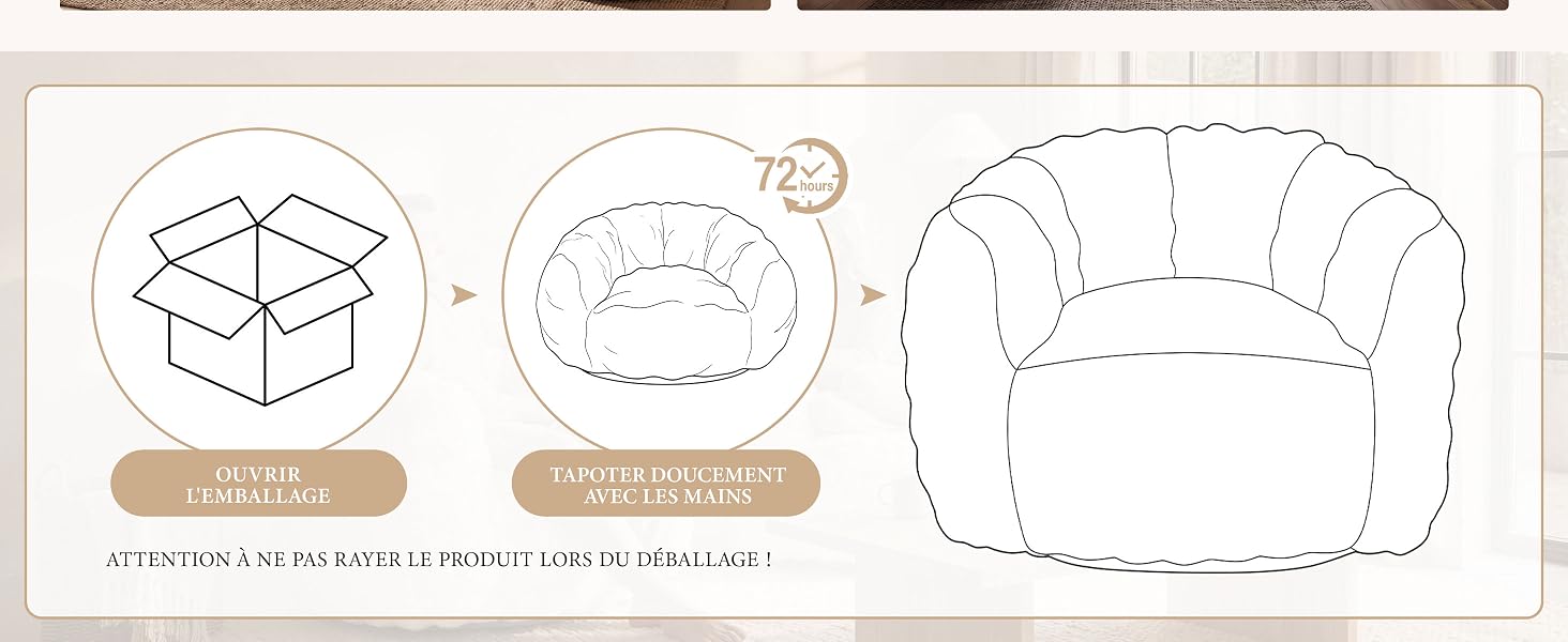 Schémas d'emballage du produit montrant trois étapes : icône de boîte ouverte, forme ronde dégonflée/comprimée et contour du fauteuil gonflé avec des chaînes de montage en pointillés indiquant le processus de gonflage.