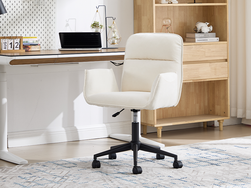 Modern office interior with wooden desk setup, showing multiple angles of a minimalist workspace with white chair and wood furniture against white walls.