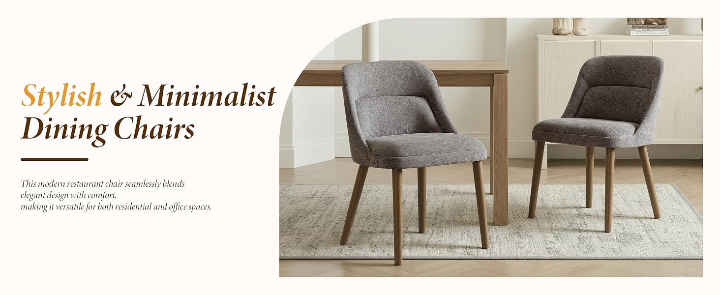 Text reads 'Stylish &amp; Minimalist' and 'Dining Chairs' showing modern dining room furniture arrangement with grey upholstered chairs.
