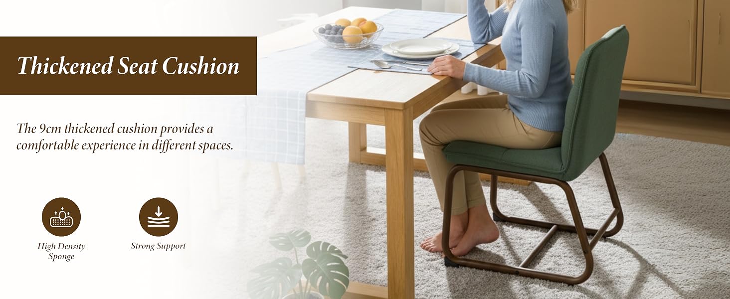 Text reads 'Thickened Seat Cushion'. Green upholstered chair at wooden dining table with cushion product visible.