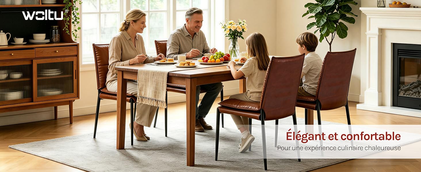 Le texte indique « Élégant et confortable » (Élégant et confortable). Scène de salle à manger avec table en bois, quatre chaises rembourrées dans les tons marron/beige, plantes en pot, éclairage intérieur chaleureux.