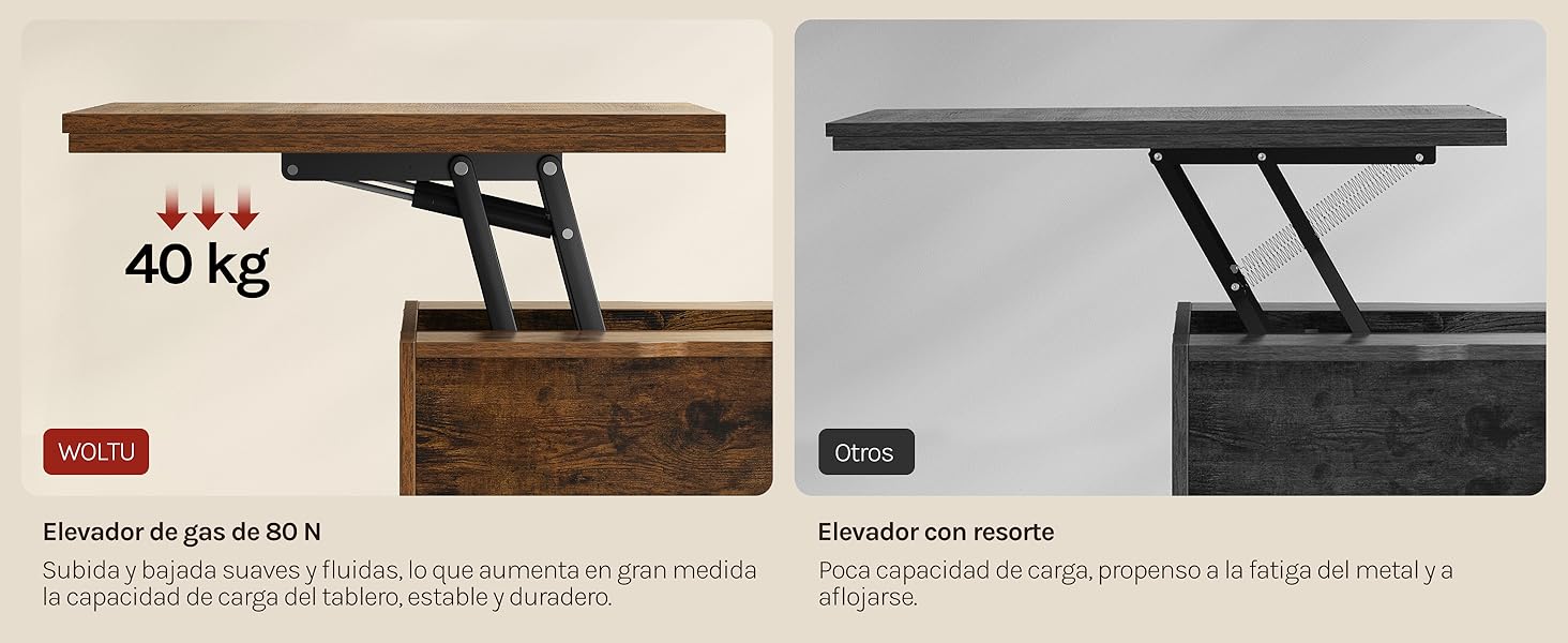 El texto dice «40 kg» con etiquetas rojas «GOLD» y «SILVER». Dos mesas de almacenamiento elevables con acabados en marrón y negro que muestran las especificaciones de capacidad de peso.