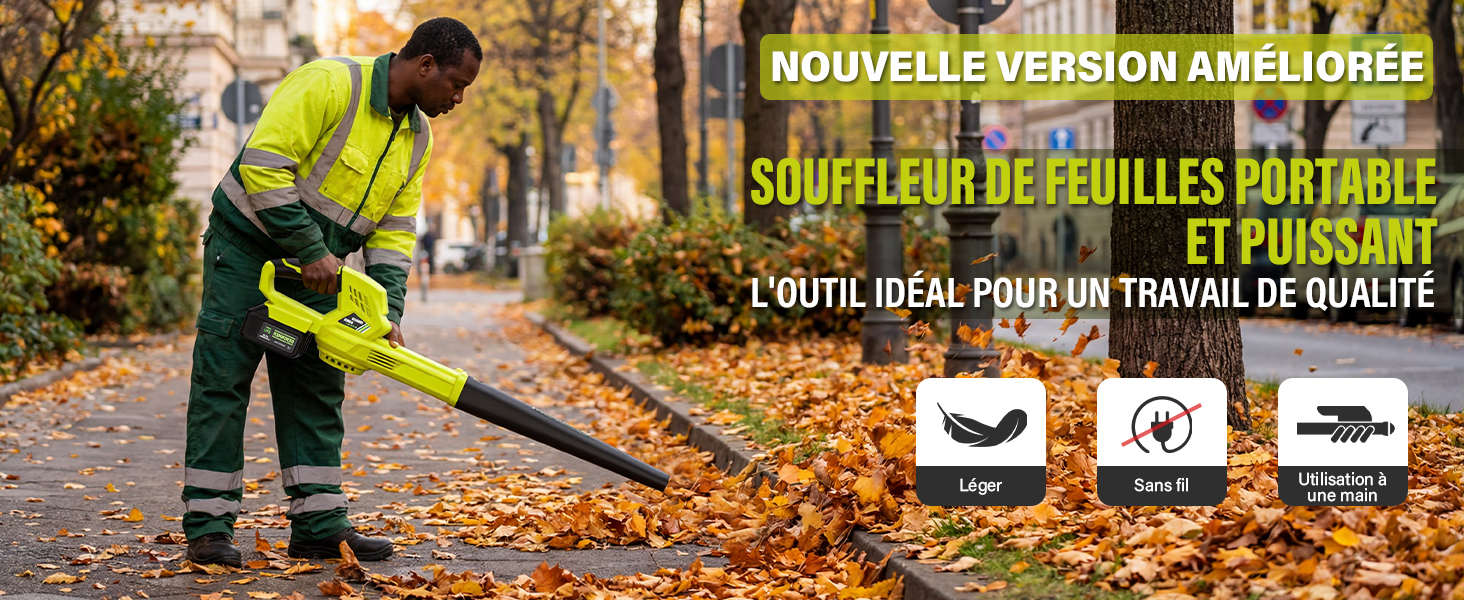 Le texte se lit comme suit : « NOUVELLE VERSION AMÉLIORÉE » et « L'OUTIL IDÉAL POUR UN TRAVAIL DE QUALITÉ ». Scène automnale montrant le soufflage des feuilles ou des travaux d'entretien de la cour avec de l'équipement visible.