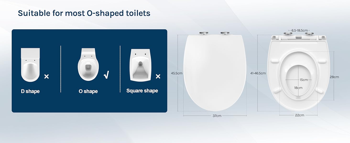 Toilet seat comparison showing three toilet shapes: D-shape, O-shape, and Square shape. Two white toilet seats displayed with dimensions. Text: 