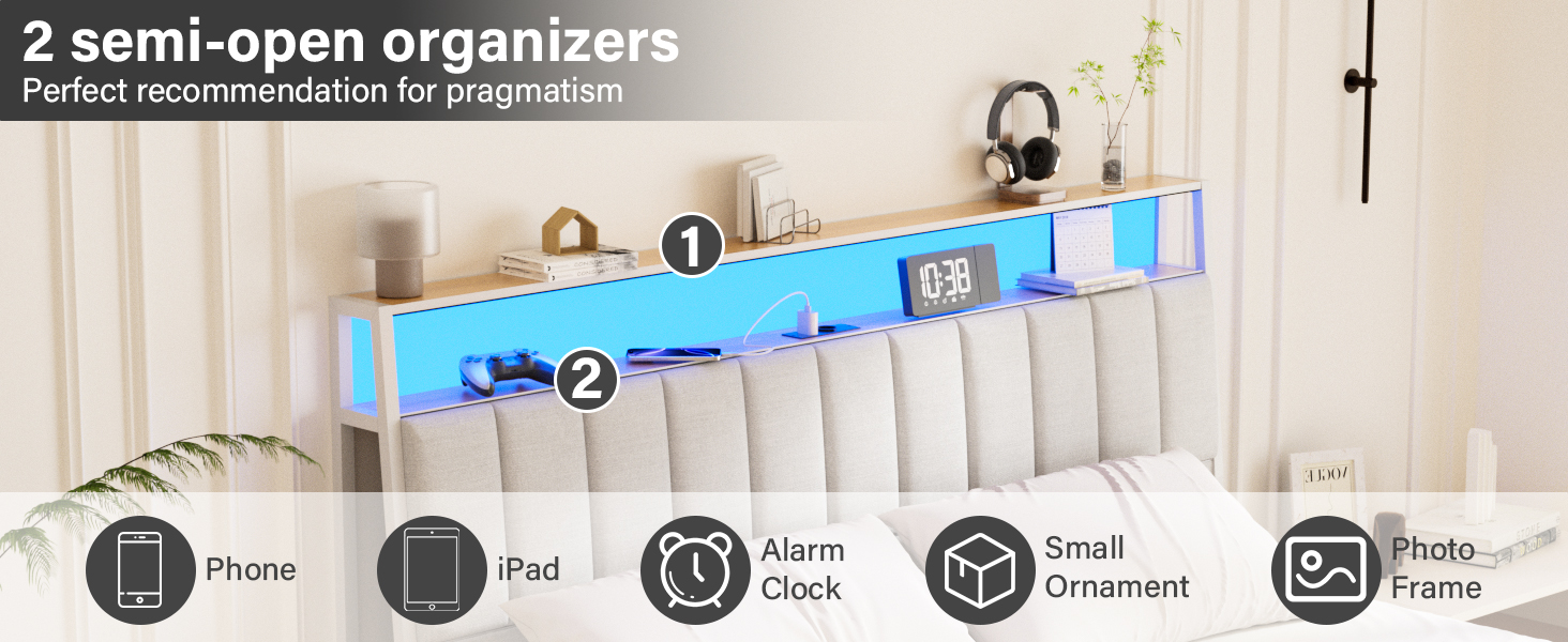 Le texte se lit comme suit : « 2 organisateurs semi-ouverts ». Interface affichant les icônes des appareils étiquetées Téléphone, iPad, Réveil, Petit département et Studio photo.