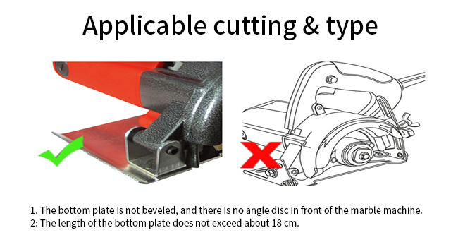 Technical diagram comparing correct and incorrect cutting angles for a marble machine, with red and grey components shown in the correct example.