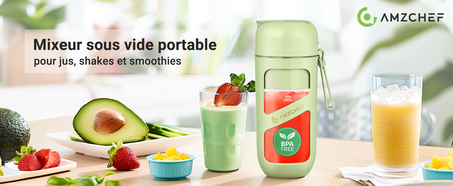 avec smoothie vert et boissons aux fruits illustré. Comprend un récipient en verre pour la préparation de boissons portables.