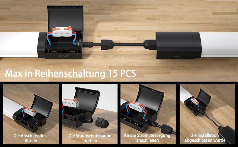 Der Text lautet „Maxi n Reihenschaltung 15 PCS“. Die Montageanleitung des Produkts zeigt schwarze Hardwareteile und Installationsschritte auf der Holzoberfläche.