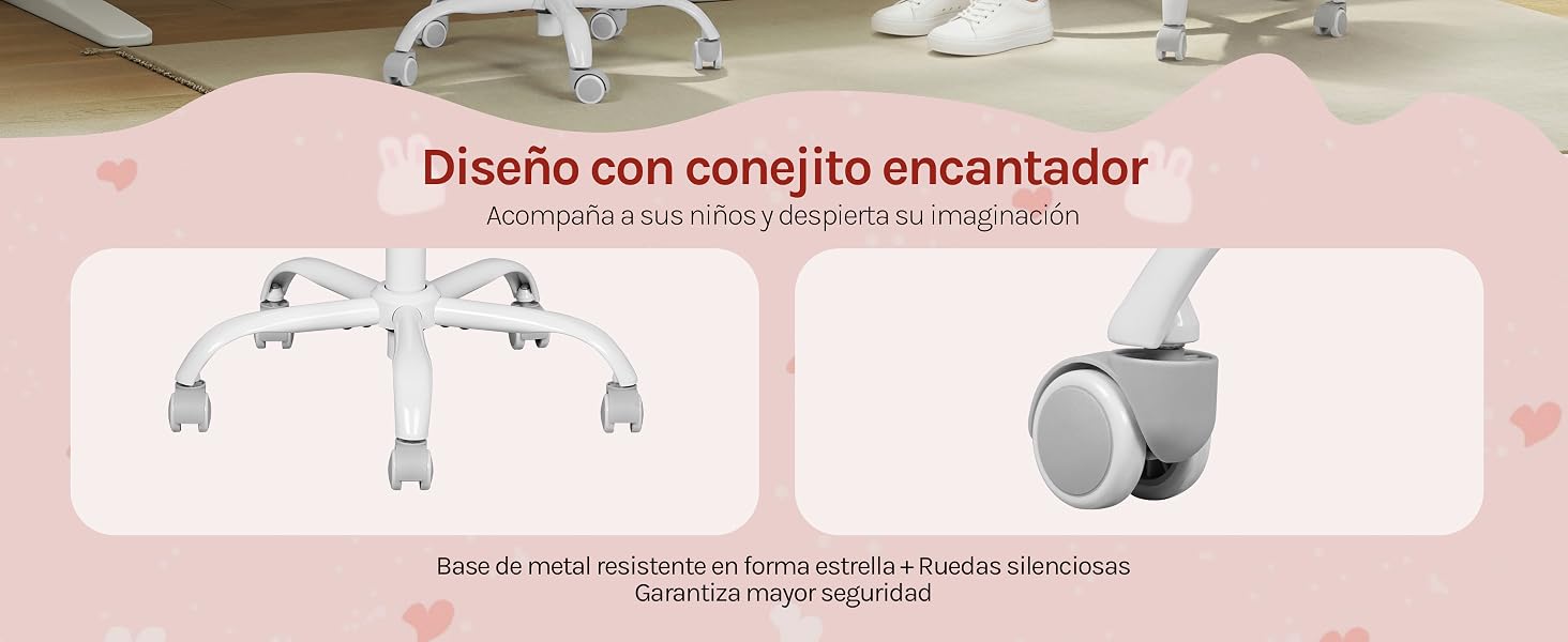 El texto dice «Diseño con conejito encantador». Diagrama de diseño del producto que muestra varias vistas y especificaciones técnicas de un dispositivo con forma de conejo.