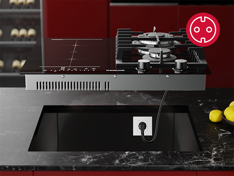 Surface de cuisson ou de cuisson moderne avec commandes et éléments d'interface éclairés en rouge sur fond sombre.