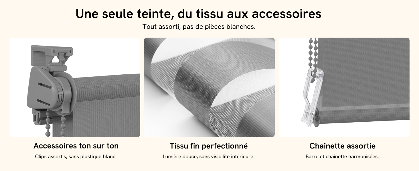 Le texte se lit comme suit : « Une seule teinte, du tissu aux accessoires ». Trois images de produits en niveaux de gris montrant le matériel de fixation du tissu, des détails textiles perforés et des accessoires coordonnés démontrant une correspondance des couleurs unifiée.