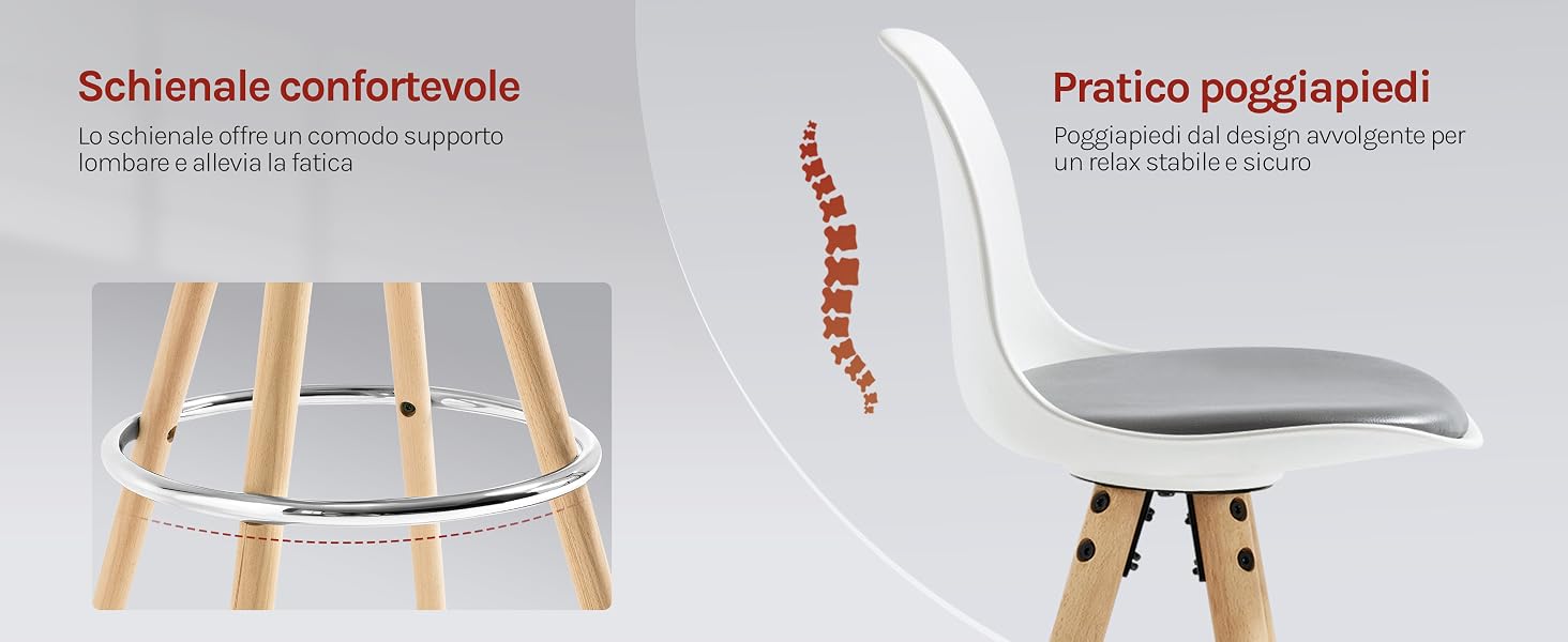 Sedia moderna con seduta bianca, gambe in legno e poggiapiedi in metallo. Due diagrammi evidenziano il comodo schienale e le pratiche caratteristiche del poggiapiedi