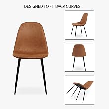 Sedia da pranzo imbottita marrone con schienale curvo e gambe in metallo nero. Viste multiple ne mostrano il design ergonomico e l'adattamento alle curve della schiena
