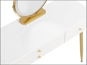 White vanity table with gold-colored legs and circular mirror. Features two drawers with gold-colored handles, showcasing a minimalist and elegant design.