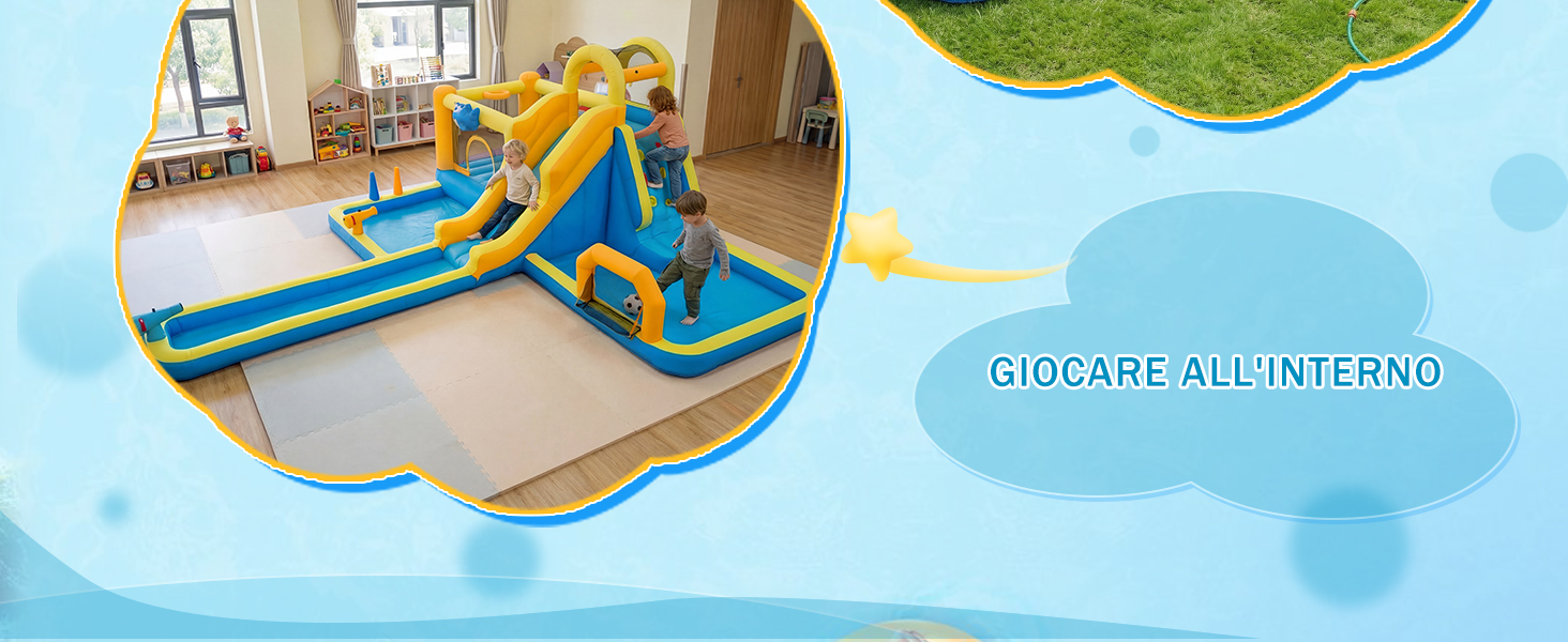 Il testo recita: 'GIOCARE ALL'INTERNO'. Area giochi interna con scivolo gonfiabile colorato e attrezzature da gioco su sfondo blu chiaro con bolle.