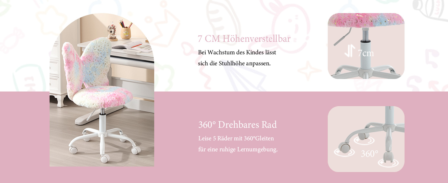 Schreibtischstuhl für Kinder in Rosa und Weiß mit regenbogenfarbener Pailletten-Rückenlehne. Zur Ausstattung gehören ein 360-Grad-Drehgelenk, eine Höhenverstellung und rollende Räder
