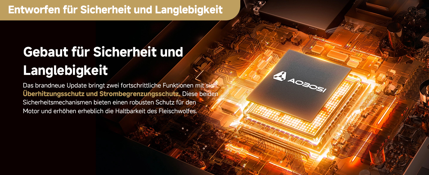 Nahaufnahme eines beleuchteten Computerprozessorchips auf einer Leiterplatte mit deutscher Texteinblendung über Sicherheit und Langlebigkeit