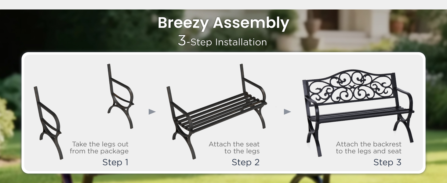 Text reads 'Breezy Assembly'. Assembly instruction diagram showing three steps to construct a decorative outdoor bench with ornate backrest pattern.