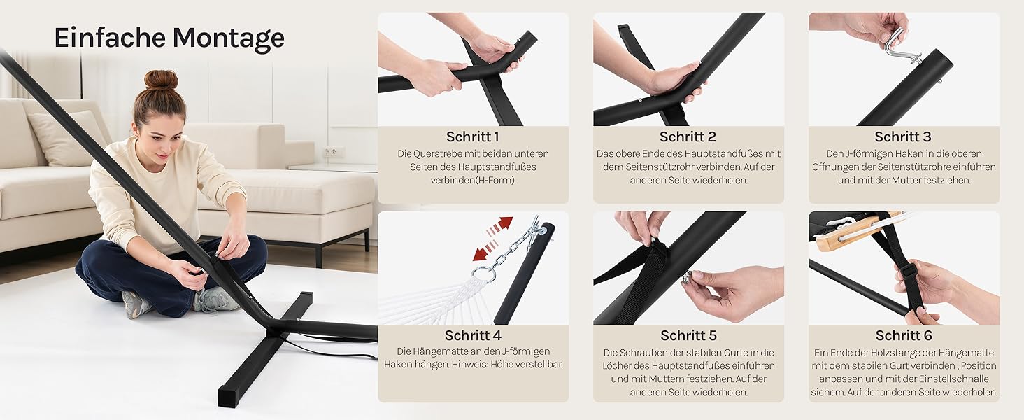 Der Text lautet „Einfache Montage“. Anleitungssequenz, die den Montage- oder Installationsvorgang Schritt für Schritt mit mehreren detaillierten Fotos zeigt.