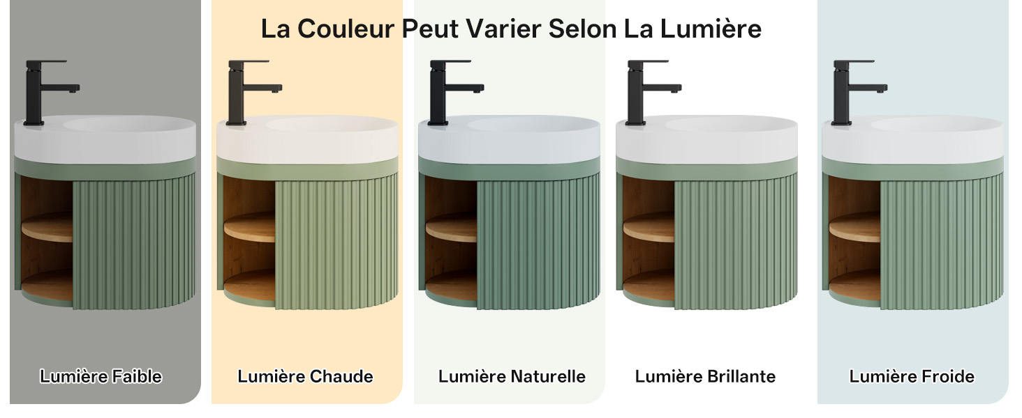 Le texte indique « La Couleur peut varier selon la Lumière » et les noms de couleurs « Lumière Chaude, Lumière Naturelle, Lumière Brillante, Lumière Fraîche ». Cinq unités de rangement à façade tissée vert sauge avec étagères en bois exposées dans différentes conditions d'éclairage.