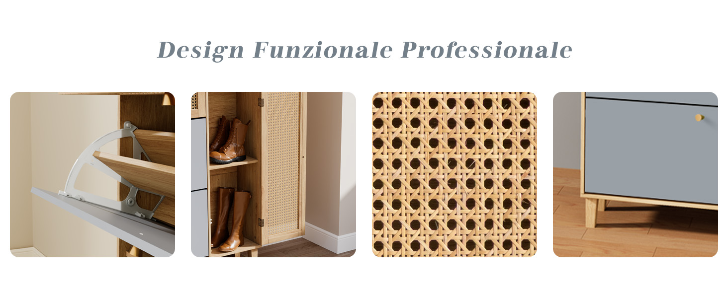 Il testo recita «Design Funzionale Professionale». Serie di immagini architettoniche o di interior design che mostrano motivi reticolari in legno ed elementi di arredo.