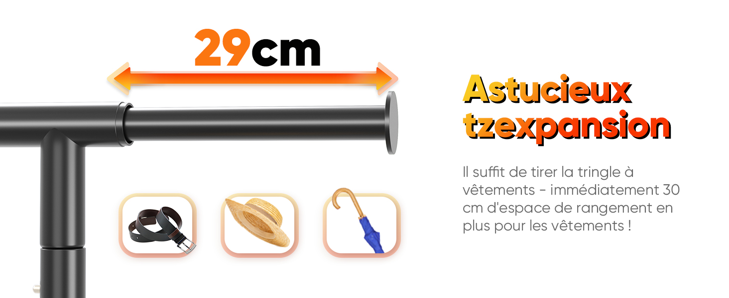 Le texte indique « 29 cm » et « Rangement astucieux ». Schéma du produit montrant le support de montage avec trois icônes indiquant les caractéristiques d'installation.