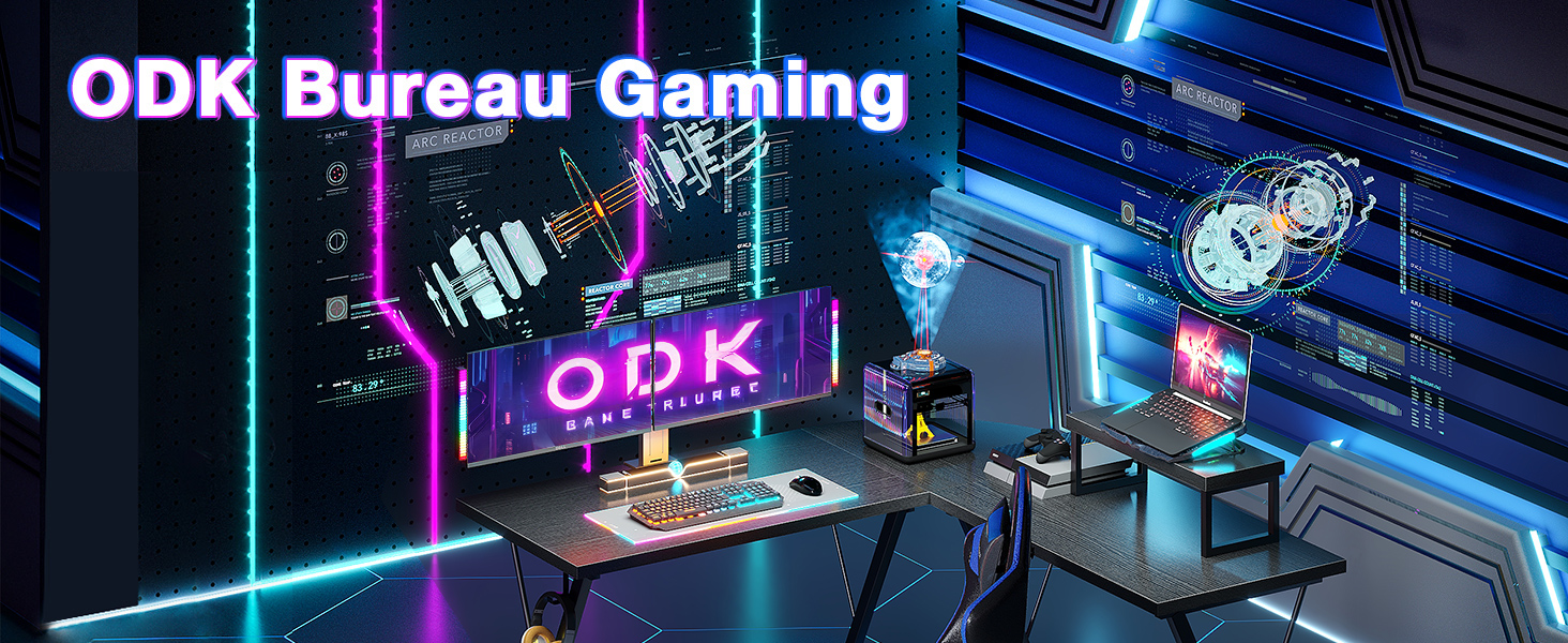 Le texte indique « ODK Bureau Gaming ». Configuration de jeu moderne avec éclairage LED bleu, montrant plusieurs moniteurs et chaises de jeu dans un environnement professionnel.