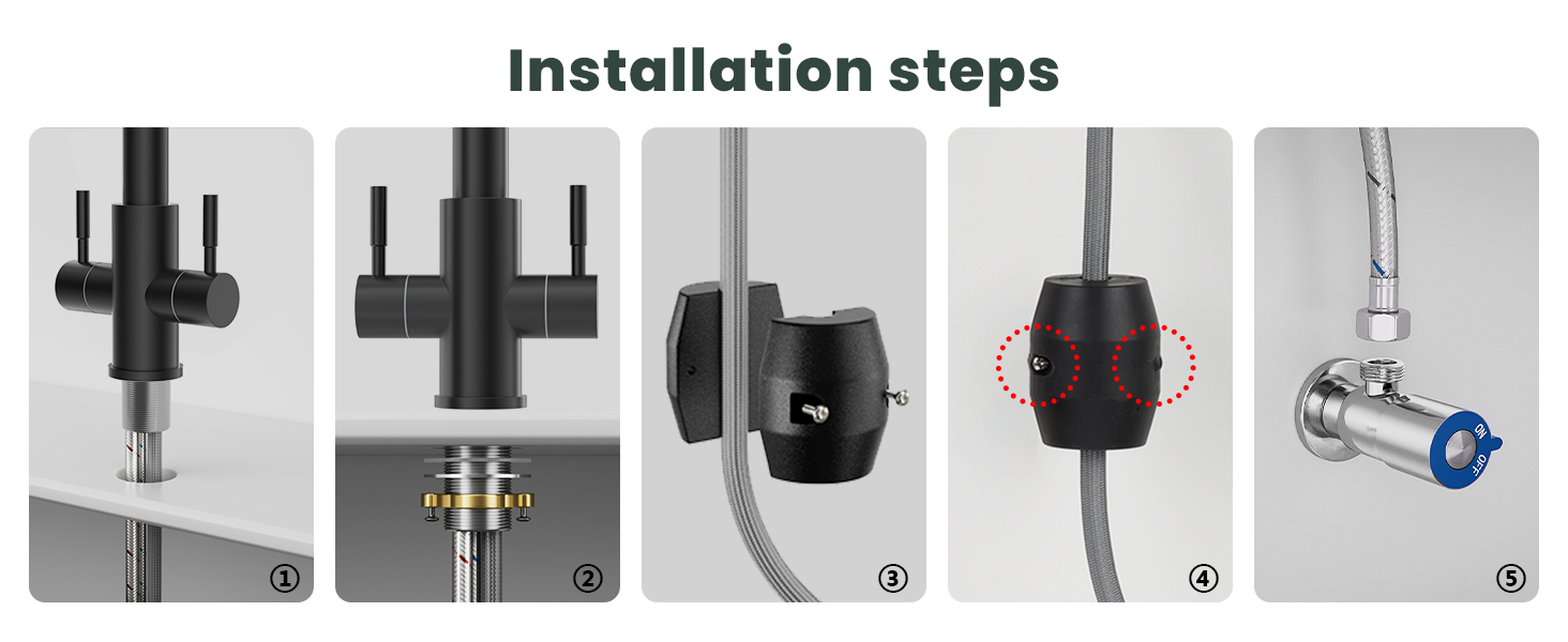 Text reads 'Installation steps'. Technical diagram showing step-by-step mounting instructions with multiple black and white product assembly illustrations.