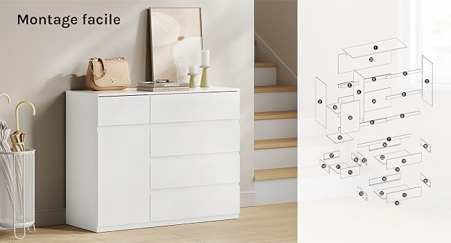 Le texte indique « Montage facile ». Série de photos de produits montrant des meubles de rangement muraux blancs et un schéma de montage abstrait en forme de constellation.