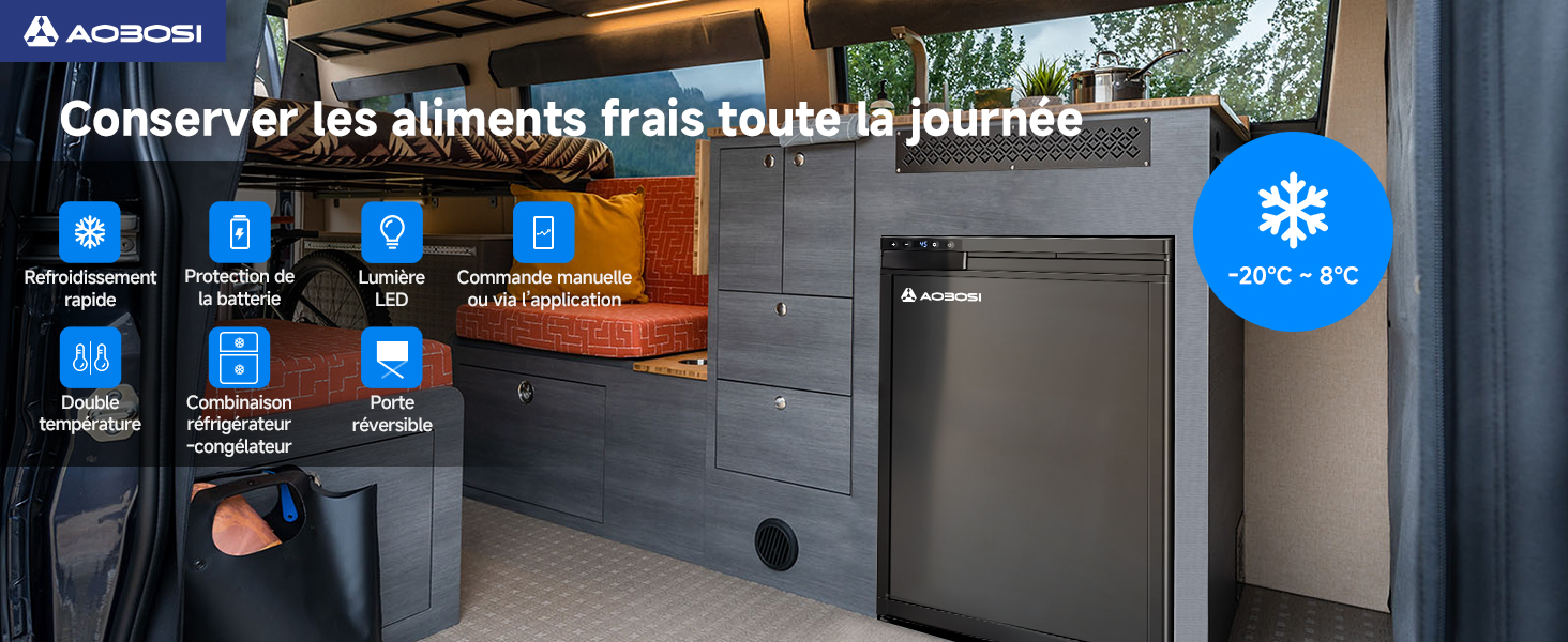 Configuration de cuisine extérieure avec appareils électroménagers noirs, y compris un réfrigérateur. La superposition de texte en français décrit des fonctionnalités telles que le contrôle de la température et l'éclairage LED pour la conservation des aliments