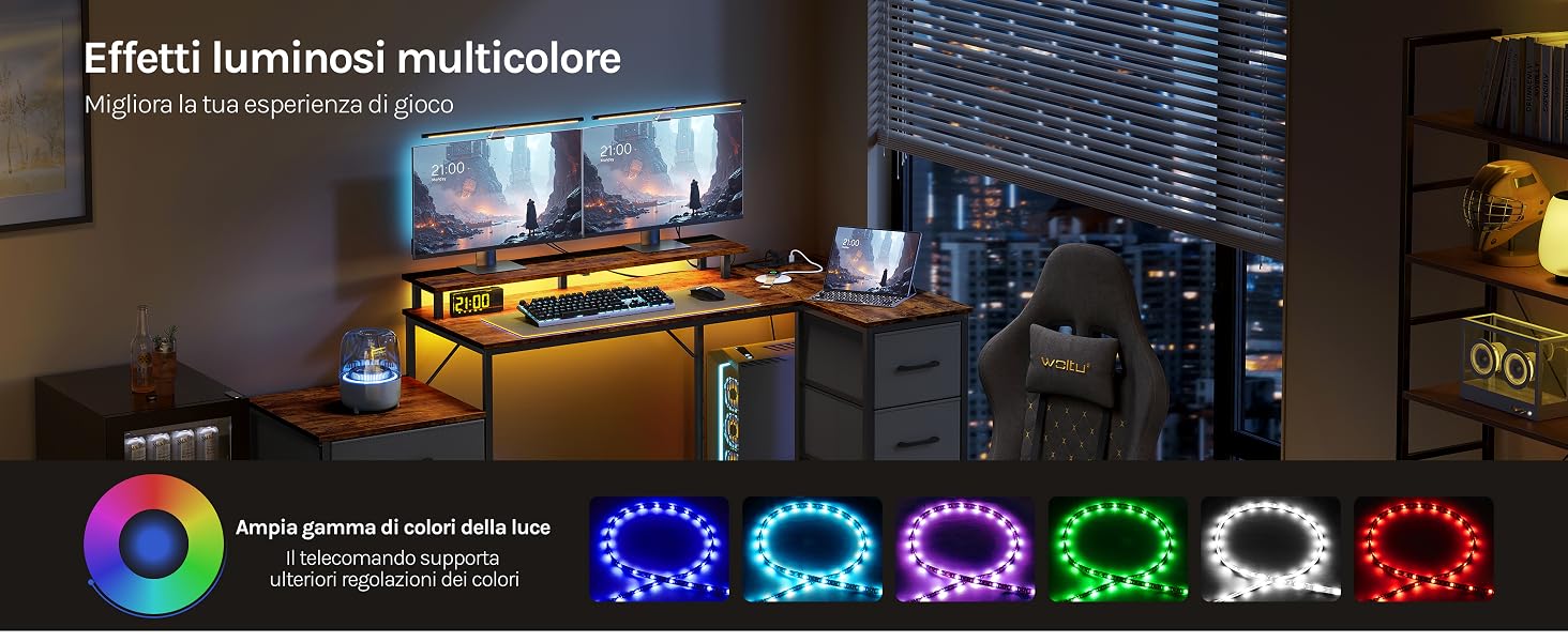 Serie di schermate colorate dell'interfaccia dell'app che mostrano elementi dell'interfaccia utente relativi alla musica con effetti al neon luminosi e temi di sfondo scuro.