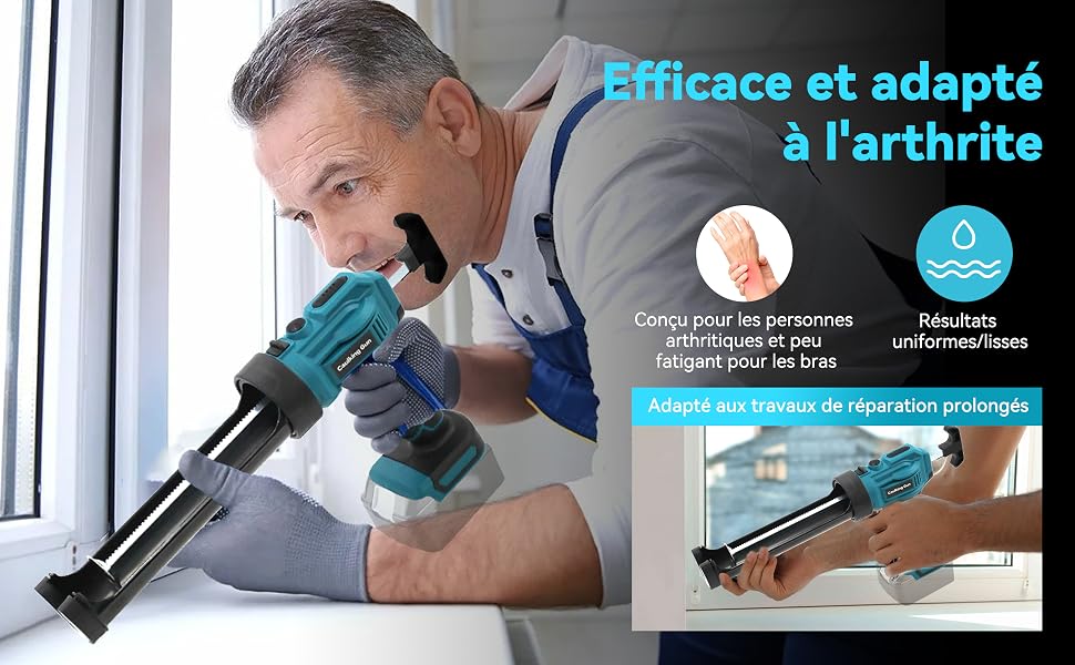 Il testo recita: 'Efficace e adatto per l'artrite.' Immagini dimostrative del prodotto che mostrano un elettroutensile portatile con impugnatura ergonomica blu. data-src=