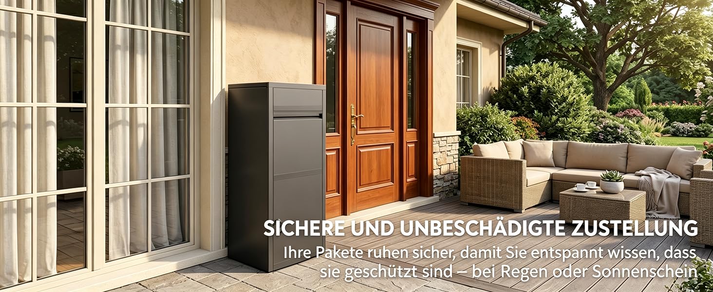 Der Text lautet „SICHERSUND UMSICHTIG ZU STELLEN“. Außenterrasse oder Terrassenbereich mit Holztür, Glastüren und Topfpflanzen in architektonischer Umgebung.