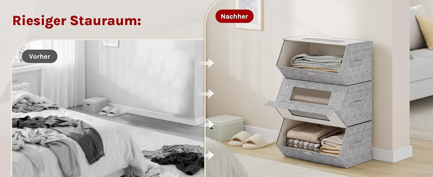 Der Text lautet „Riesiger Stauraum:“. Sammlung von Bildern, die graue Aufbewahrungsboxen aus Stoff mit gestepptem Muster zeigen, die in Schlafzimmer und Schränken ausgestellt werden.