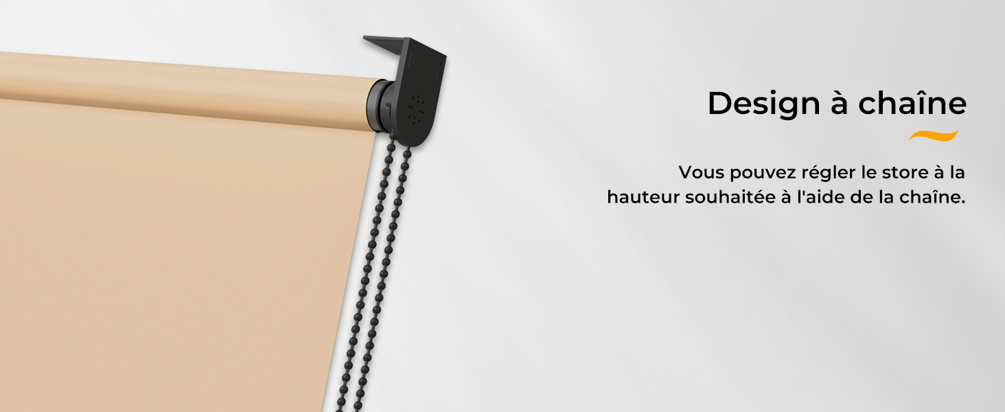 Le texte se lit comme suit : « Concevez une chaîne » et « Vous pouvez régler la chaîne à la hauteur souhaitée à l'aide de la chaîne ». Montre un gros plan du mécanisme de chaîne réglable sur fond beige.