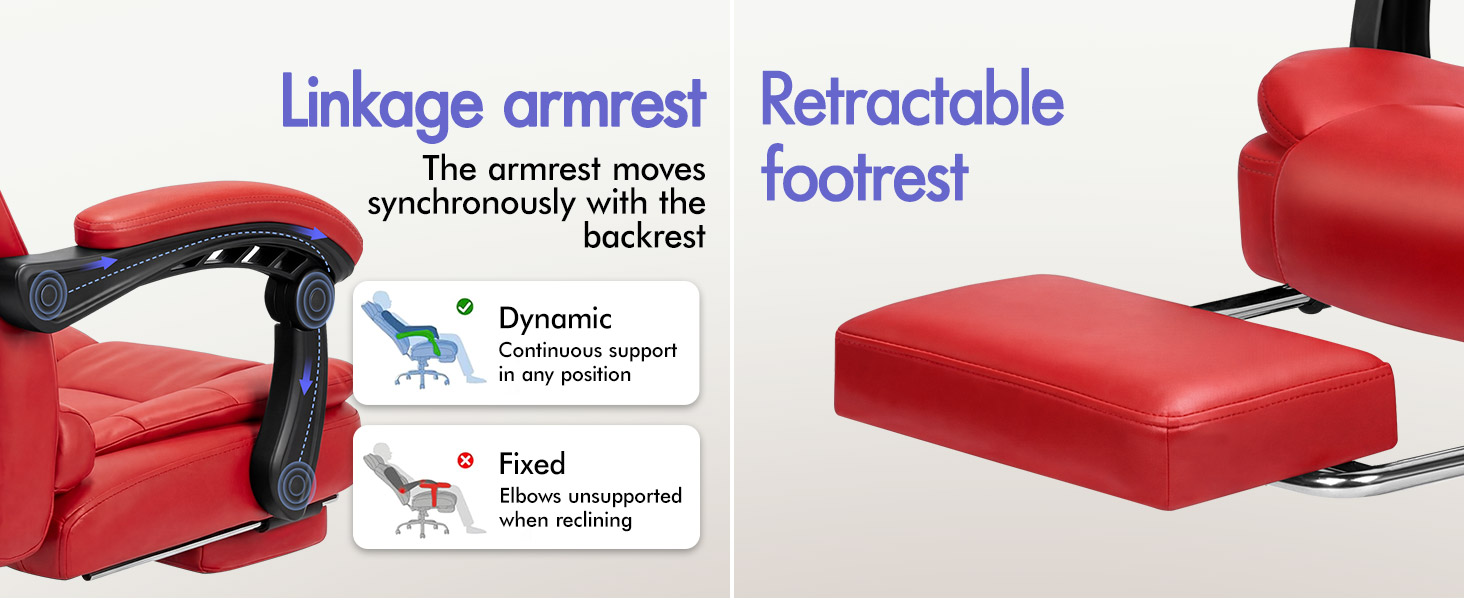 Text reads "Linkage armrest" and "Retractable footrest". Red pet furniture piece shown from multiple angles highlighting linkage armrest synchronization and retractable footrest features with product specifications.