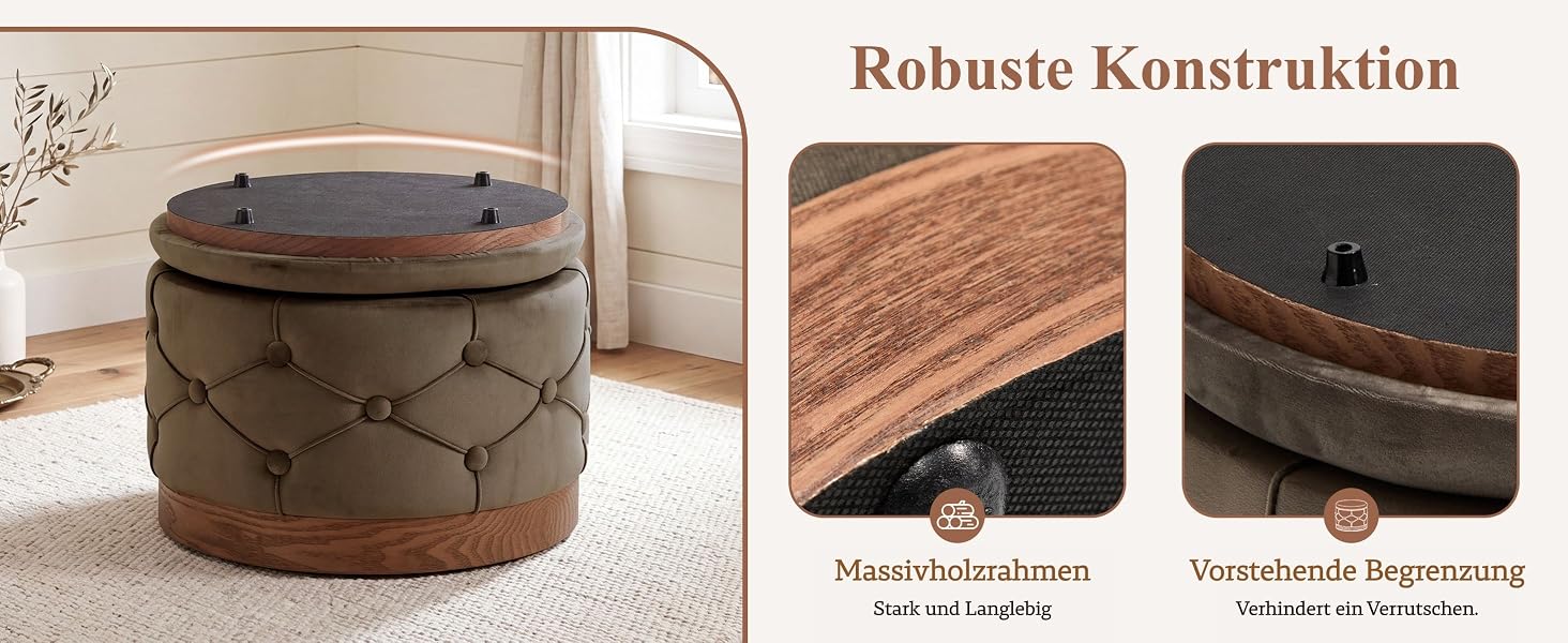 Der Text lautet „Robuste Konstruktion“, „Massivholzkern“, „Verschleißfeste Bespannung“. Zylindrischer Hocker oder Hocker aus gestepptem braunem Stoff, auf dem Details des Holzkerns und der strapazierfähigen Polstermaterialien in Nahaufnahme zu sehen sind.