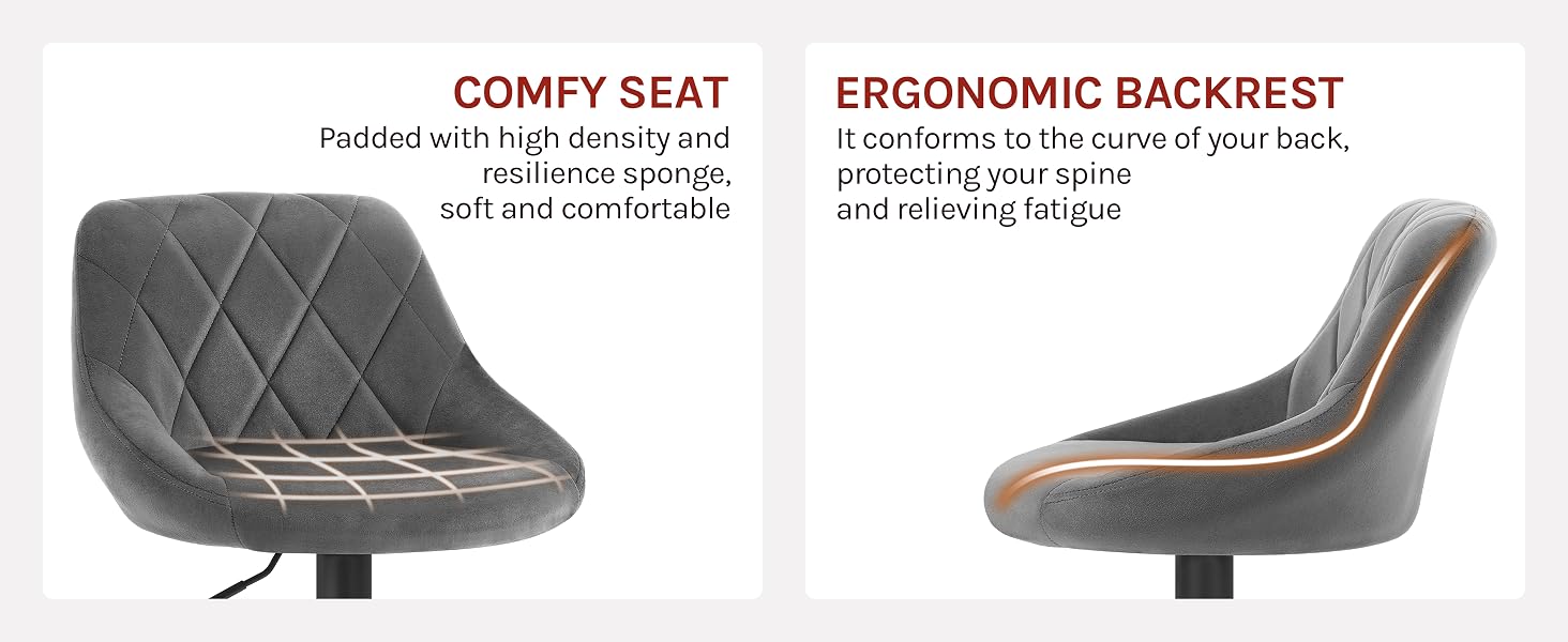Office chair features: quilted gray seat cushion with high-density padding, ergonomic backrest with curved design and orange accent line for spine support and fatigue relief.