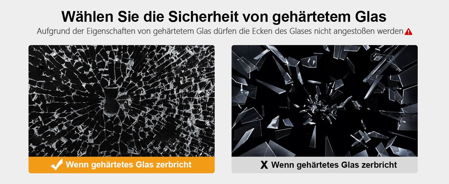 Der Text lautet: „Wählen Sie die Sicherheit von gehärtetem Glas“. Bilderserie mit zerbrochenen Glasmustern im Schwarzweiß-Demonstrationsformat.