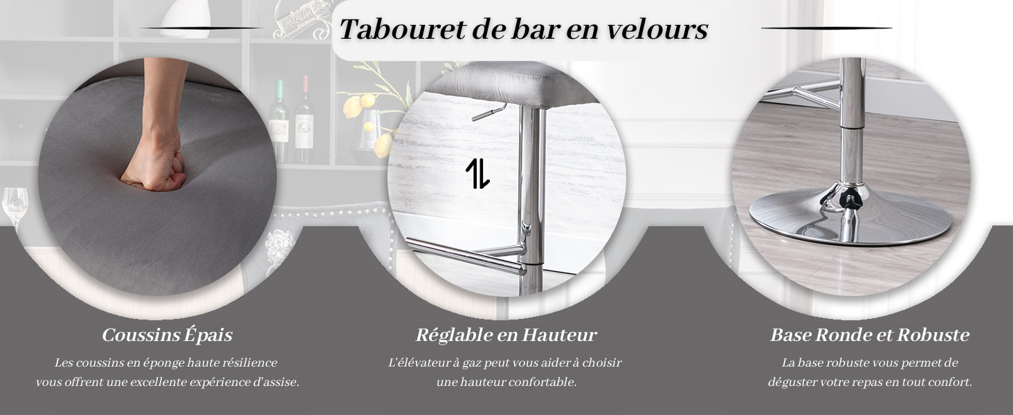 Trois images circulaires présentant les caractéristiques d'un tabouret de bar : coussin en velours, mécanisme de réglage de la hauteur et base ronde en métal. Le texte français décrit chaque fonctionnalité.
