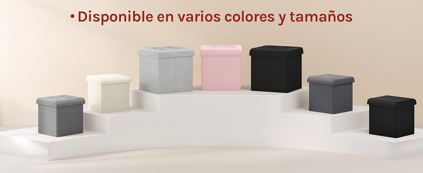 de otomanas de almacenamiento con forma de cubo en varios colores, incluidos blanco, rosa, negro y gris, que se exhiben en
