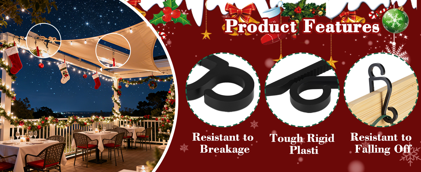 Text reads 'Product Features'. Website interface showing Christmas-themed header with snowflakes and decorative elements against dark background.