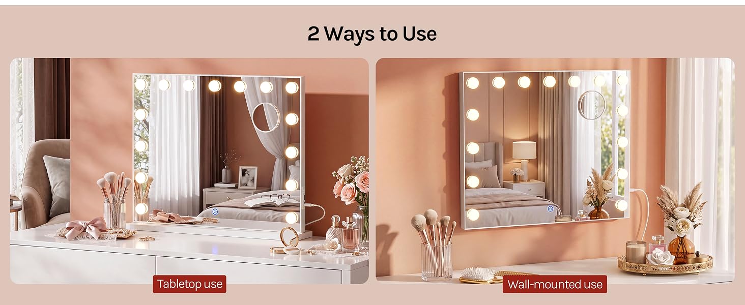 Text reads '2 Ways to Use'. Interior room display with white shelving, decorative items, and holiday ornaments arranged on shelves.